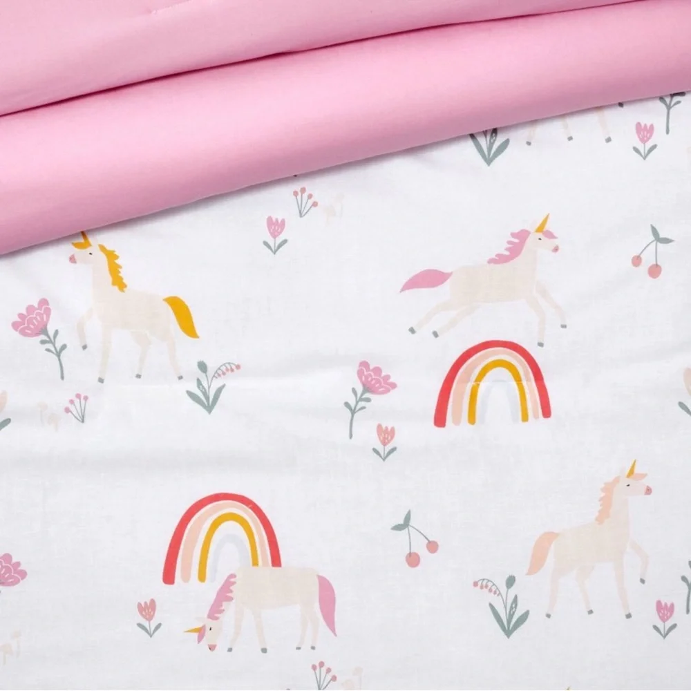 Whimsical Unicorn and Rainbow Comforter Set - Pink and White